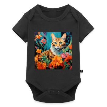 cat, cat motif, flowers, gift, gift idea - Baby Premium short-sleeve bodysuit - black - Front