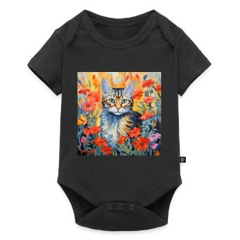 cat, cat motif, flowers, gift, gift idea - Baby Premium short-sleeve bodysuit - black - Front
