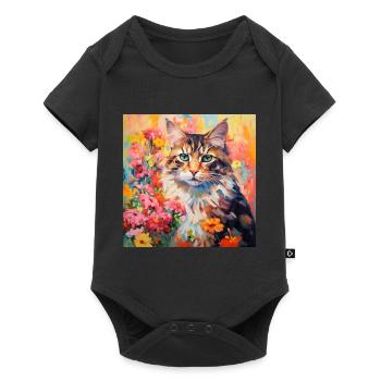 cat, cat motif, flowers, gift, gift idea - Baby Premium short-sleeve bodysuit - black - Front