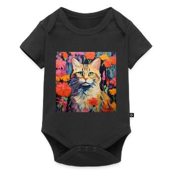 cat, cat motif, flowers, gift, gift idea - Baby Premium short-sleeve bodysuit - black - Front