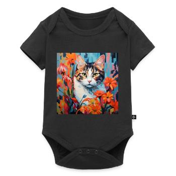 cat, cat motif, flowers, gift, gift idea - Baby Premium short-sleeve bodysuit - black - Front