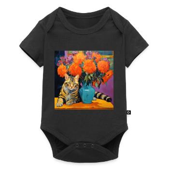 cat, cat motif, flowers, gift, gift idea - Baby Premium short-sleeve bodysuit - black - Front