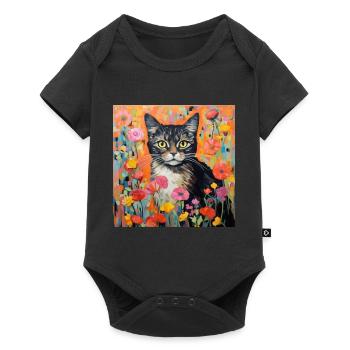 cat, cat motif, flowers, gift, gift idea - Baby Premium short-sleeve bodysuit - black - Front