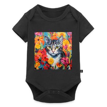 cat, cat motif, flowers, gift, gift idea - Baby Premium short-sleeve bodysuit - black - Front
