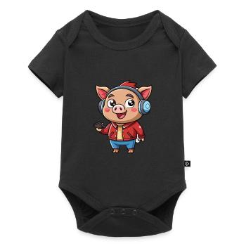 Cochon Drôle Dessin Animé Personnage Casque Musique - Body à manches courtes Premium Bébé - noir - Devant