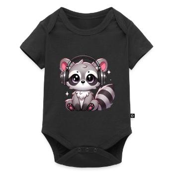 Niedlicher Waschbär mit Kopfhörern Cartoon - Baby Premium Kurzarmbody - Schwarz - Vorne