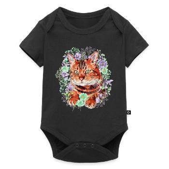 Bengalkatze (Bengal) Katze mit Blumen - Aquarell - Baby Premium Kurzarmbody - Schwarz - Vorne
