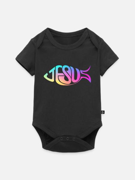 Jesus Fisch Regenbogen - Baby Premium Kurzarmbody - Schwarz
