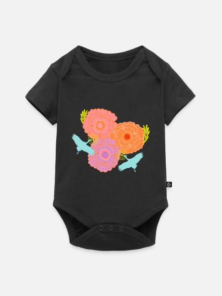Pfingstrose und Kräne - Baby Premium Kurzarmbody - Schwarz