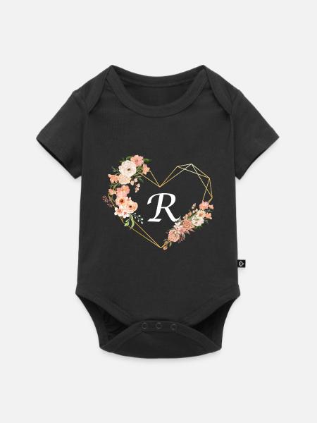 Blumiger goldener Herzbuchstabe - Baby Premium Kurzarmbody - Schwarz
