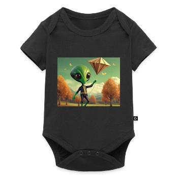 cute little green retro vintage alien fly a kite - Baby Premium short-sleeve bodysuit - black - Front