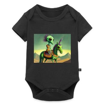 niedliches kleines grünes Retro-Alien reitet auf einem Pferd - Baby Premium Kurzarmbody - Schwarz - Vorne