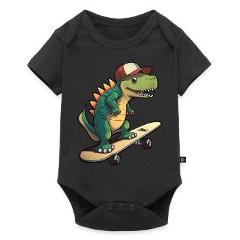 Dino Dinosaurier auf Skateboard mit Mütze Cap - Baby Premium Kurzarmbody - Schwarz - Vorne