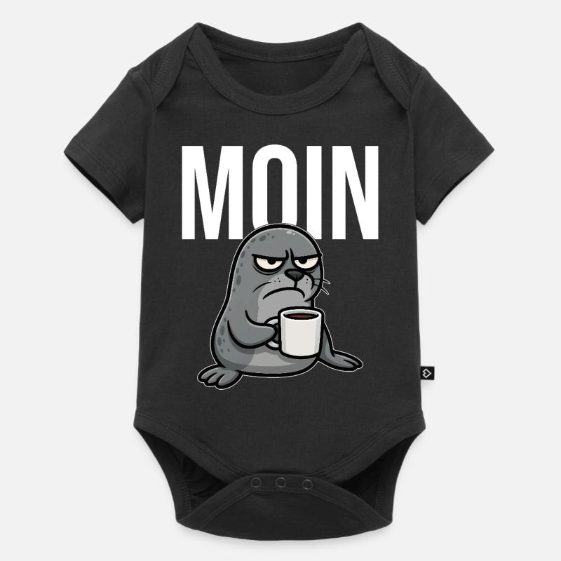 MOIN – Grummelnder Seehund mit Kaffee | Morgenmuff - Baby Premium Kurzarmbody - Schwarz