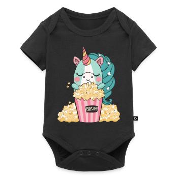 Une licorne colorée et mignonne mange un délicieux maïs soufflé au beurre - Body à manches courtes Premium Bébé - noir - Devant