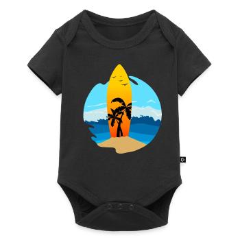 Une planche de surf avec des palmiers coincés dans le sable - Body à manches courtes Premium Bébé - noir - Devant
