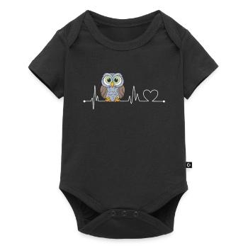 Eulen Herzschlag Heartbeat EKG Eule Puls Süßes Eul - Baby Premium Kurzarmbody - Schwarz - Vorne