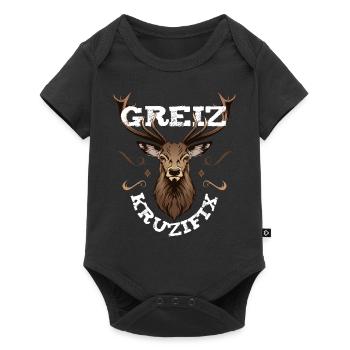 Greiz Kruzifix Fluchen bayrischer Dialekt Hirsch - Baby Premium Kurzarmbody - Schwarz - Vorne