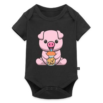 Bubble Milk Tea Pig Drinking Boba Milk Tea - Baby Premium short-sleeve bodysuit - black - Front