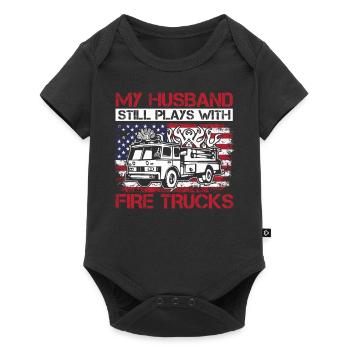 Mon mari joue toujours avec des camions de pompiers - Body à manches courtes Premium Bébé - noir - Devant