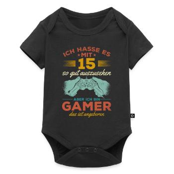 Video Gaming 15 Geburtstag Zocken 15 Jahre Video - Baby Premium Kurzarmbody - Schwarz - Vorne