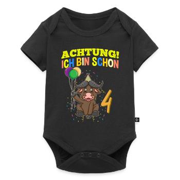 Achtung Ich Bin Schon 4 Geburtstag Büffel Bison - Baby Premium Kurzarmbody - Schwarz - Vorne