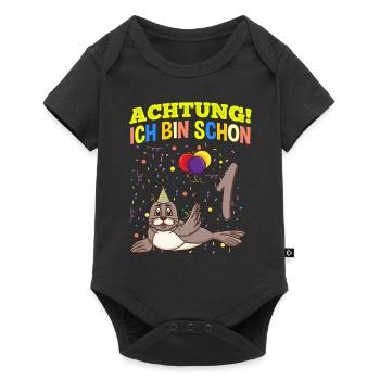 Achtung Ich Bin Schon 1 Tier Geburtstag Seehund - Baby Premium Kurzarmbody - Schwarz - Vorne