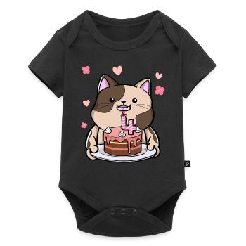 Le chat potelé garde un gâteau d’anniversaire 4 ans - Body à manches courtes Premium Bébé - noir - Devant