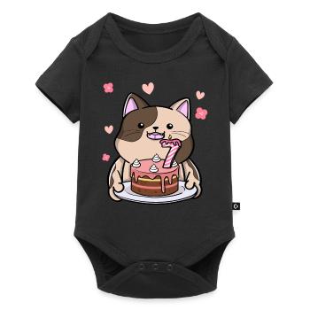 Un chat potelé tient un gâteau d’anniversaire 7. - Body à manches courtes Premium Bébé - noir - Devant