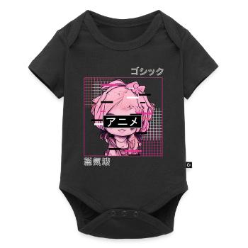 Glitch Anime Chibi Japanische Vaporwellen -Ästheti - Baby Premium Kurzarmbody - Schwarz - Vorne