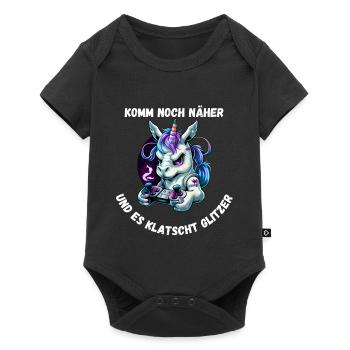 Einhorn - Komm noch näher und es klatscht Glitzer - Baby Premium Kurzarmbody - Schwarz - Vorne