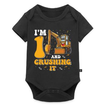 1. Geburtstag, 1 Jahr alt! Kids, Boy Junge Bagger - Baby Premium Kurzarmbody - Schwarz - Vorne