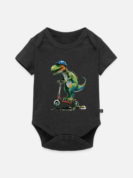 Dinosaurier auf Stuntscooter - Baby Premium Kurzarmbody - Schwarz