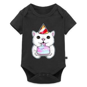 White Cat With Party Hat Licks A Birthday Cake On - Baby Premium short-sleeve bodysuit - black - Front