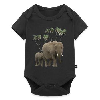 Elefanten Mama + Baby + Doumpalmen in Afrika - Baby Premium Kurzarmbody - Schwarz - Vorne