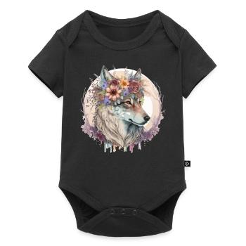 Cute Wolf Flower Crown Boho Aesthetic Animal Lover - Baby Premium short-sleeve bodysuit - black - Front
