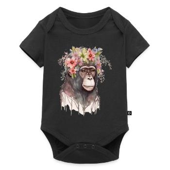 Mignon Singe Couronne Fleur Floral Aquarelle - Body à manches courtes Premium Bébé - noir - Devant