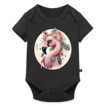Flamant Rose Oiseau Exotique Fleur Couronne Floral Trop - Body à manches courtes Premium Bébé - noir - Devant