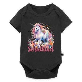 Einhorn Blumen Schulkind Einschulung 2023 - Baby Premium Kurzarmbody - Schwarz - Vorne