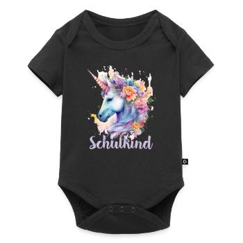 Einhorn Blumen Schulkind Einschulung 2023 - Baby Premium Kurzarmbody - Schwarz - Vorne