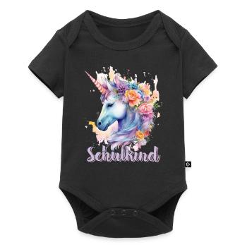 Einhorn Blumen Schulkind Einschulung 2023 - Baby Premium Kurzarmbody - Schwarz - Vorne