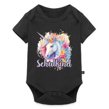 Einhorn Blumen Schulkind Einschulung 2023 - Baby Premium Kurzarmbody - Schwarz - Vorne