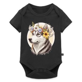 Cute Siberian Husky Flower Crown Pet Dog Breed Pup - Baby Premium short-sleeve bodysuit - black - Front