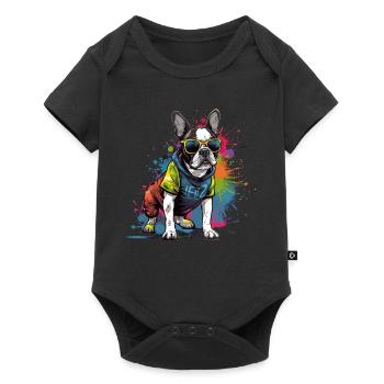 Französische Bulldogge Hund Mops - Baby Premium Kurzarmbody - Schwarz - Vorne