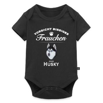 Vorsicht - Bissiges Frauchen - Husky - Baby Premium Kurzarmbody - Schwarz - Vorne