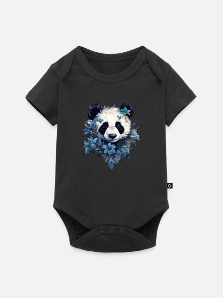 Panda Blumen-Design - Baby Premium Kurzarmbody - Schwarz