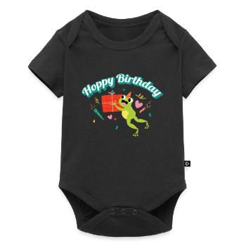 Hoppy Birthday Frosch Frösche Kinder - Baby Premium Kurzarmbody - Schwarz - Vorne