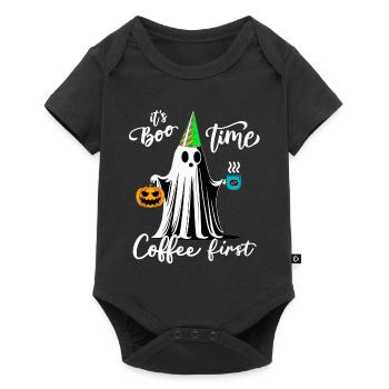 Ghost with coffee cup and pumpkin celebrating Halloween - Baby Premium short-sleeve bodysuit - black - Front