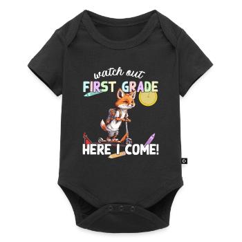 Fuchs Schulkind Einschulung mit Roller zur Schule - Baby Premium Kurzarmbody - Schwarz - Vorne