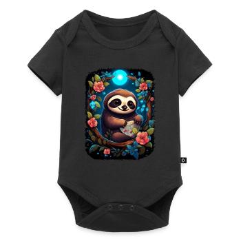 Faultier Niedliches Tier Floraler Nachthimmel - Baby Premium Kurzarmbody - Schwarz - Vorne